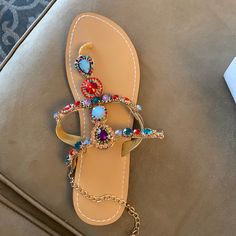 Brand New Multi Colored Jeweled Sandals Chain Link Closure Box, Bag, And Replacement Jewels Elegant Multicolor Sandals For The Beach, Elegant Multicolor Beach Sandals, Elegant Multicolor Sandals For Vacation, Jeweled Sandals, Chain Link, Women's Shoes Sandals, Shoes Sandals, Healing, Womens Sizes