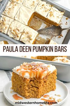 two pictures side by side one has pumpkin bars and the other has white frosting on top