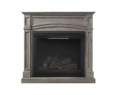 an antique fireplace with a black mantle and stone hearthing on the bottom, against a white background