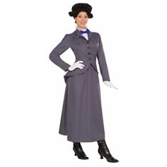 a woman dressed in an old fashion dress and top hat is standing with her hands on her hips