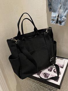 Preto  Collar  Poliéster Simples Sacos de lona Embellished فنسنت فان جوخ, Minimalist Tote Bag, Nylon Travel Bag, Minimalist Tote, Adjustable Bag, Canvas Shoulder Bag, Reusable Bags, Shopper Bag, Tote Purse