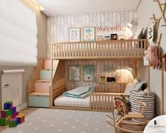 a child's bedroom with bunk beds and toys