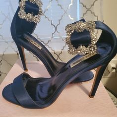 Only Worn Once: Beautiful Rhinestone Buckle Satin Finish:Beautiful For Wedding Or Special Occasion Dark Blue Heels, Navy Blue Heels, Blue Heels, Quince, Satin Finish, Shoes Women Heels, Dark Blue, Special Occasion, Shoes Heels