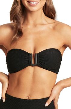 Tonal hardware lends modern appeal to this bikini top with supportive powermesh. Convertible, adjustable straps Removable soft cups Powermesh lining Side boning 73% polyester, 27% elastane Hand wash, line dry Imported Black Nylon Swimwear With Padded Cups, Black Nylon Swimwear With Removable Bra Pads, Adjustable Black Bandeau Swimwear, Black Adjustable Bandeau Swimwear, Sea Level, Soft Cup, Swim Top, Womens Swimwear, Convertible