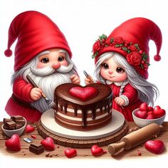 two gnomes are decorating a heart shaped cake with chocolate frosting and strawberries