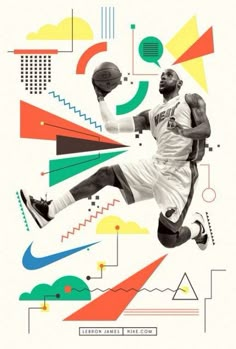 a basketball player jumping up into the air with his foot in the air and colorful shapes behind him