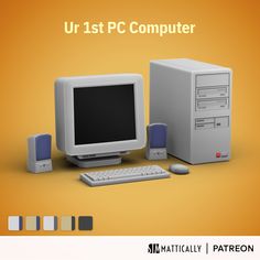 there is a desktop computer and other electronic equipment on the table with an orange background