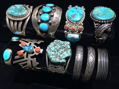 "- This listing is just for the one cuff that appears alone in the first 6 pictures... The others are also available in my shop in the section titled \"Fine Jewelry\". Please have a look... Navajo, Vincent Joe Platero, Sr., Native American Indian traditional hand stamp work closed bracelet / bangle / cuff... stackable... Heavy stamp work forms repeat patterning/design... oxidized patina finish... signature hallmark stamp: VJP & sterling stamp... 8\" interior circumference x .5\" wide. 27.5 g Bright Summer Acrylic Nails, Vintage Turquoise Jewelry, Turquoise Jewelry Native American, American Indian Jewelry, Summer Acrylic Nails, Santa Fe Nm, Turquoise Cuff, Coral Turquoise, Sterling Silver Cuff