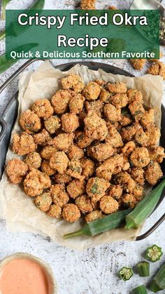 crispy fried okra recipe in a bowl with dipping sauce