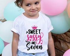 Sweet Sassy and Seven Shirt | Girl's Birthday Tie Dye or Solid Color Tops 7th Bday 7 years old Outfit Photo Prop Gift Seventh Hearts Trendy Don't hesitate to contact us if you have any questions about colors, sizes, and personalization's.  *Our processing time is 1-2 business days and we're located in Texas, US. *We use high quality DTF Printing to print the designs on an iron-on vinyl. To Order: Select a size, color, and add personalization (if applicable) before adding to your cart.  How to Take Care? -Please DO NOT iron over the design. -Turn the shirt inside out before washing with warm water and gently cycle. -NO dry cleaning.  Returns or exchanges are not accepted as the items are made-to-order. Please contact us if you have any questions or concerns. Outfit Photo, Old Outfits, Color Tops, Dtf Printing, Iron On Vinyl, Photo Prop, Shirts For Girls, Warm Water, Birthday Ideas