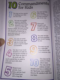 the ten commandments for kids book opened to page with numbers and times on it