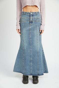 Flared Denim Skirt, Long Denim Skirt, Denim Maxi, Denim Skirt Women, Denim Maxi Skirt, Contemporary Outfits, Skirts Online, Sheer Fabric, Denim Flares