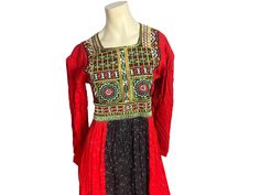 "Vintage embroidered India dress, brightly colored, feels like cotton. Dress slips on, has tie belt, shoulder pads, quarter sleeves. Dress is in great condition, measurements are shoulder to shoulder 17\" bust up to 36\" waist up to 28\" length 55\"" Festive Cotton Dress With Embroidered Sleeves, Multicolor Cotton Festival Dress, Multicolor Long Sleeve Embroidered Cotton Dress, Red Embroidered Dress For Festival, Long Sleeve Dresses With Embroidered Sleeves For Festivals, Red Embroidered Cotton Dress For Festival, Red Cotton Embroidered Dress For Festival, India Dress, Sleeves Dress