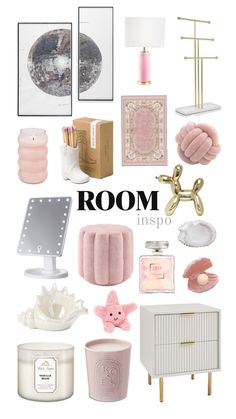 the room is filled with pink and gold accessories