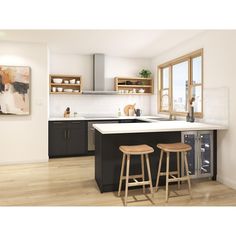 two stools are in front of the kitchen island