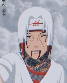 an anime character with white hair and tattoos on his face looking at the camera in front of cloudy sky