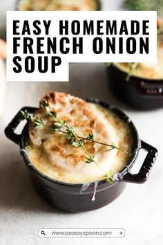 an easy homemade french onion soup recipe in a black pot with the title overlay