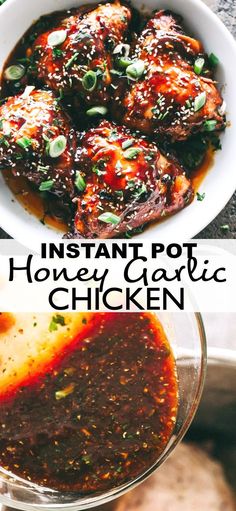 instant pot honey garlic chicken in a white bowl with red sauce and garnish