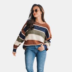 Unleash your casual chic with our striped drop shoulder sweater. The stylish stripes and cozy round neckline make this piece a go-to for effortless fashion that's as comfortable as it is eye-catching. The relaxed fit makes this sweater a timeless and versatile piece that's perfect for embracing the warmth and style of fall and winter. Product code: CAA06A3H030JU Drop Sleeve Sweater, Textured Knit Sweater, Drop Shoulder Sweater, Effortless Fashion, Striped Turtleneck, Drop Shoulder Sweaters, Womens Crewneck, Round Neck Sweaters, Knitted Pullover Sweaters