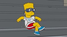 the simpsons running down some stairs wearing headphones and sunglasses with his feet in the air