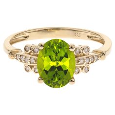 Stunning, timeless and classy eternity Unique ring. Decorate yourself in luxury with this Gin & Grace ring. This ring is made up of 7X9 Oval-Cut Prong Setting Genuine Peridot (1 pcs) 2.0 Carat and Round-Cut Prong Setting Natural Diamond (16 pcs) 0.08 Carat accent stones for a lovely design. This ring is weight 2.10 grams. The ring is crafted of shining 10-karat Yellow Gold and is completed by a highly polished finish. Rose Gold Solitaire Ring, August Birthstone Ring, Zodiac Leo, Gold Solitaire Ring, Fine Ring, Jewels Rings, August Birthstone, Ring With Diamond, Peridot Ring