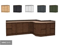 an office desk with several different colored cabinets