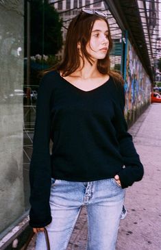 John Galt Blue V-Neck Sweater | PacSun Vneck Sweater Outfit, Blue Sweater Outfit, Sweater Women Outfit, Dark Blue Sweater, 2010s Fashion, Yellow Clothes, Brandy Melville Sweaters, Clothing For Tall Women, Solid Color Sweater