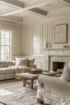 a living room filled with furniture and a fire place in front of a large window