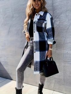 Winter Fashion Jackets, Plaid Coat, Grey Plaid, Turndown Collar, Plaid Jacket, Clothing Size Chart, Womens Clothing Sizes, Amelie, Sleeves Pattern