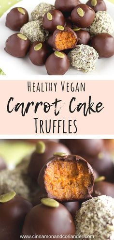 healthy vegan carrot cake truffles on a white plate with text overlay