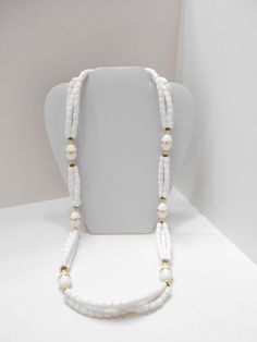 Vintage 32" Triple Strands White Plastic Beaded Necklace (7658) White Beaded Chain Long Necklace, White Single Strand Necklace With Round Beads, White Single Strand Long Beaded Necklace, White Long Necklace With Round Beaded Chain, White Beaded Long Necklace, White Double Strand Beaded Necklace, White Large Beads Long Necklace, White Large Beaded Long Necklace, White Long Necklace With Large Beads