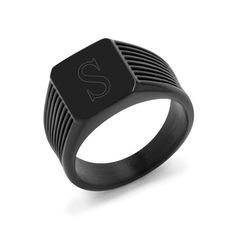 A unique twist on a timeless classic, this Men's Black Stainless Steel Signet Ring makes a great gift for a special man in your life - or yourself!  Crafted of durable black plated stainless steel with striped side detail, the flat rectangular surface allows for engraving of a meaningful initial or monogram. Coordinates Jewelry, Dogeared Jewelry, Birthstone Charm Necklace, Heart Wedding Rings, Mens Chain Bracelet, Fake Diamond, Floating Necklace, Jewelry Lockets, Mens Chain Necklace