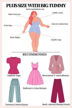 How to Dress Plus Size with Big Tummy - Fashion for Your Body Type Curved Body Outfit, Dressing For Large Bust Body Types, Outfits For Curves Body Types, Big Size Outfit Ideas, Large Hips Outfit Body Types, 2024 Fashion Trends Plus Size, Dress For Big Belly Women, Body Type Clothing Guide, Hourglass With Tummy