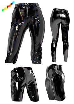 three different views of black shiny pants