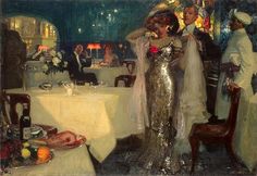 a painting of two women dressed in evening gowns at a dinner table with other people