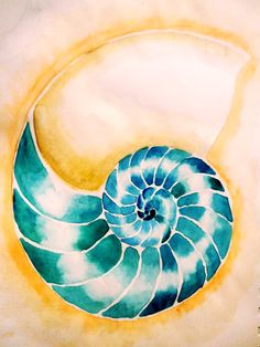 a painting of a nautish shell on a white paper with blue and yellow colors