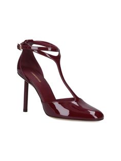 Ferragamo T-Strap pumps in burgundy red patent leather with round toe, top strap, adjustable ankle strap, stiletto heel, slip-on fit, and leather sole. Composition: 100% Calf Leather Formal T-strap Heels With Branded Heel Counter, Elegant T-strap Heels With Sculpted Heel, Elegant T-strap Heels With Branded Heel Counter, Elegant T-strap Heels For Office, Red T-strap Heels For Formal Occasions, Chic Burgundy Patent Leather Heels, Burgundy Ankle Strap Heels For Evening, Burgundy Patent Leather Heels With Closed Toe, Formal Burgundy Patent Leather Heels