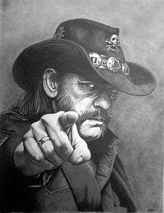 a black and white drawing of a man in a cowboy hat pointing to the side