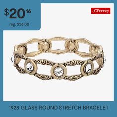 Engraved silver-toned bangles are dotted with large clear crystals all around. A lovely vintage-inspired piece with a modern twist. From our 1928 Collection.Bead Type: GlassFeatures: StretchCircumference: 7 InchShape: RoundMetal Color: Gold ToneCare: Wipe CleanStone Type: 9 GlassBracelet Type: Stretch BraceletsMetal: AlloyCountry of Origin: Imported Silver Engraving, Clear Crystals, Stretch Bracelet, Stretch Bracelets, Clear Crystal, Vintage Inspired, Bangles, Twist, Bracelet