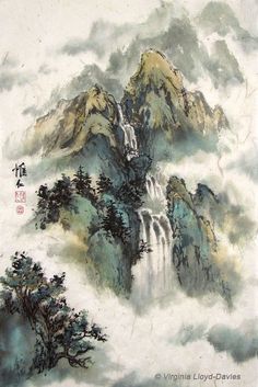 Chinese Waterfall, Asian Landscape, Waterfall Paintings, Mountain Landscape Painting, Chinese Landscape Painting, Japanese Watercolor, Chinese Art Painting, Mountain Landscapes, Chinese Brush Painting