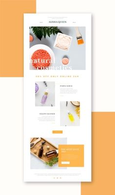 the website design for natural cosmetics is displayed on an orange and white background with yellow accents