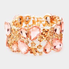 Size : 1.25" H Stretchable Glass Bracelet Jewelry For Party, Jeweled Glass Jewelry For Parties, Peach Rose, Peach Roses, Gold Glass, Sleek Fashion, Glass Crystal, Crystal Glass, Lowest Price