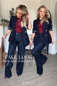 Navy Blue And Burgundy Outfit, Burgundy Top And Jeans Outfit, Burgundy Top Outfit, Blue Vest Outfit, Navy Blue Blazer Outfit, 60 Degree Weather Outfit, Blue Pants Outfit, Blue Blazer Outfit, Jeans Outfit For Work