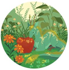 an illustration of a dinosaur and its baby in the grass surrounded by wildflowers