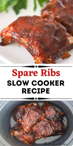 spare ribs recipe in slow cooker with the title text above it and below image