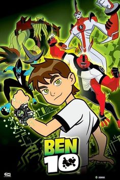 ben 10 movie poster with cartoon characters in green and red colors on the back ground