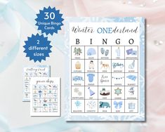 the winter one - hand bingo game is shown in blue and white