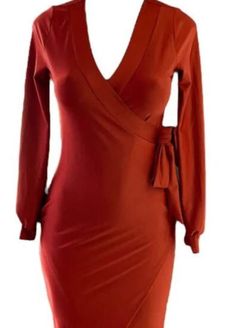 Sophisticated knee length wrap dress. Orange Wrap Dress, Dress Clothes For Women, Burnt Orange, Wrap Dress, Knee Length, Art Collection, Dress Outfits, Bathing Beauties, Angeles