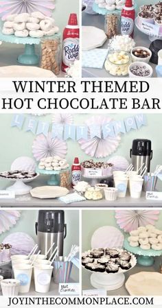 the dessert table is set up for a winter themed hot chocolate bar