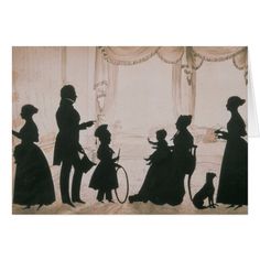 silhouettes of people standing in front of a window with dogs and cats on the floor